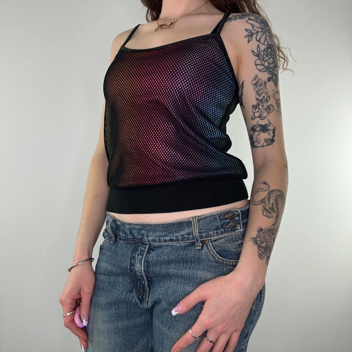 Y2K Bay rave rainbow netted cami top