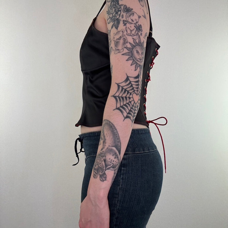 Y2K vintage satin cami embroidered lace up top