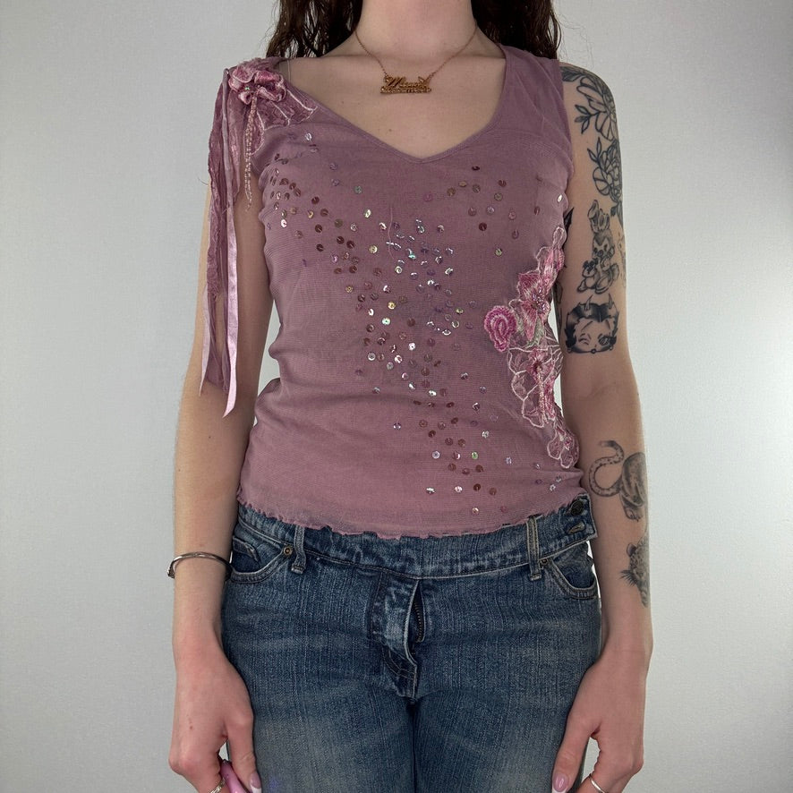 Y2K sequin floral tassel mesh top