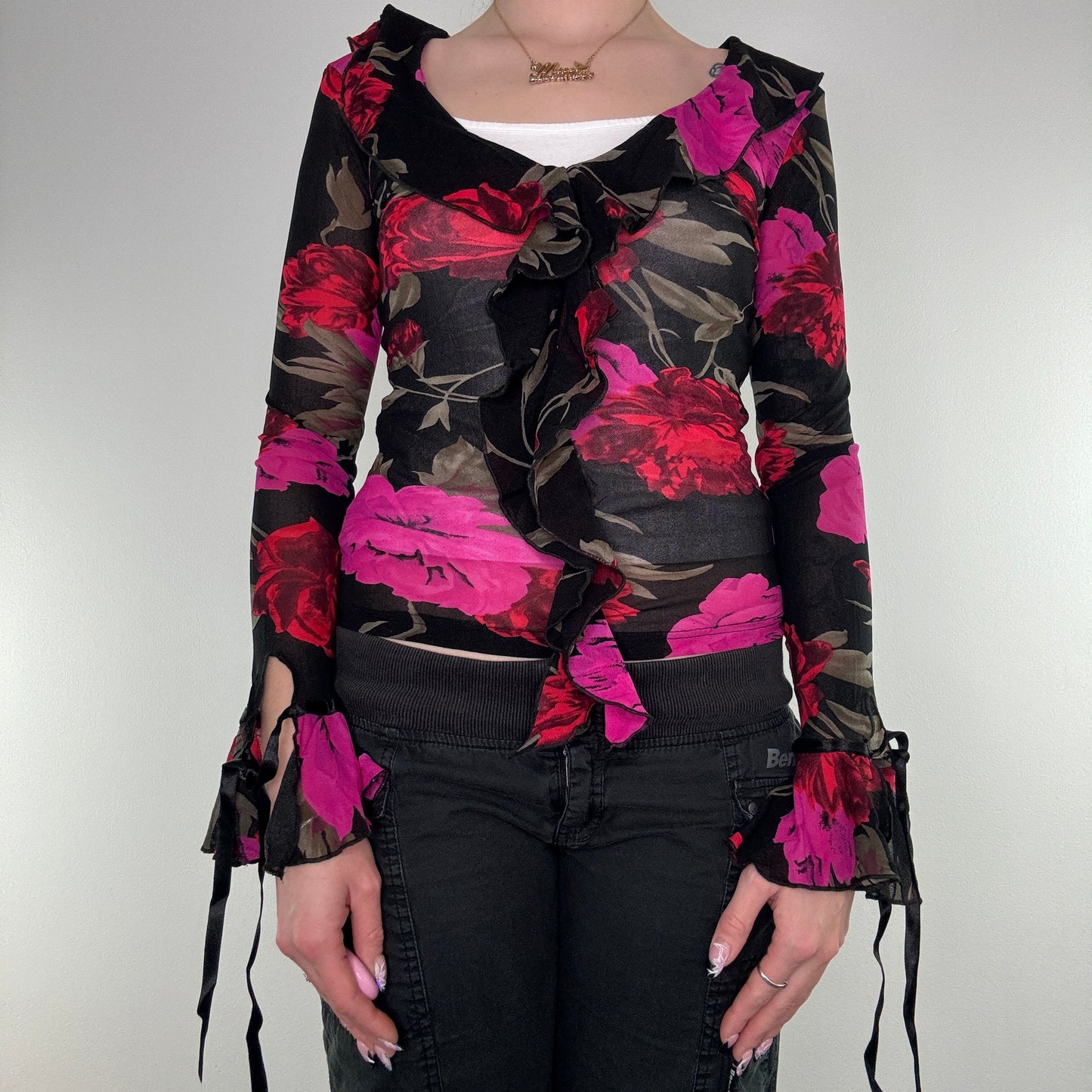 Y2K floral frilly mesh long sleeve top