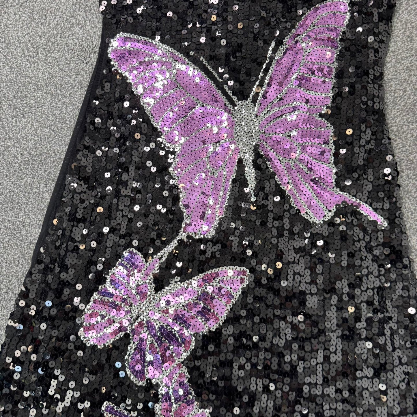 Y2K vintage sequin butterfly mini dress black purple mesh round neck festival