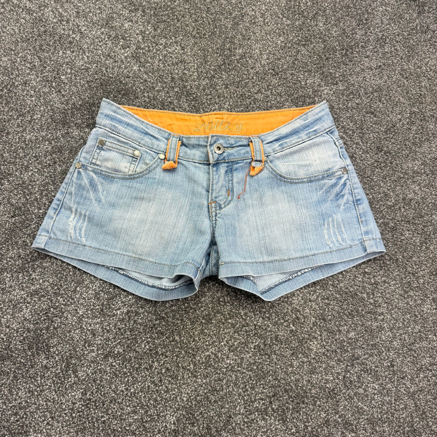 Y2K vintage low rise shorts light denim distressed mini orange contrast stitch