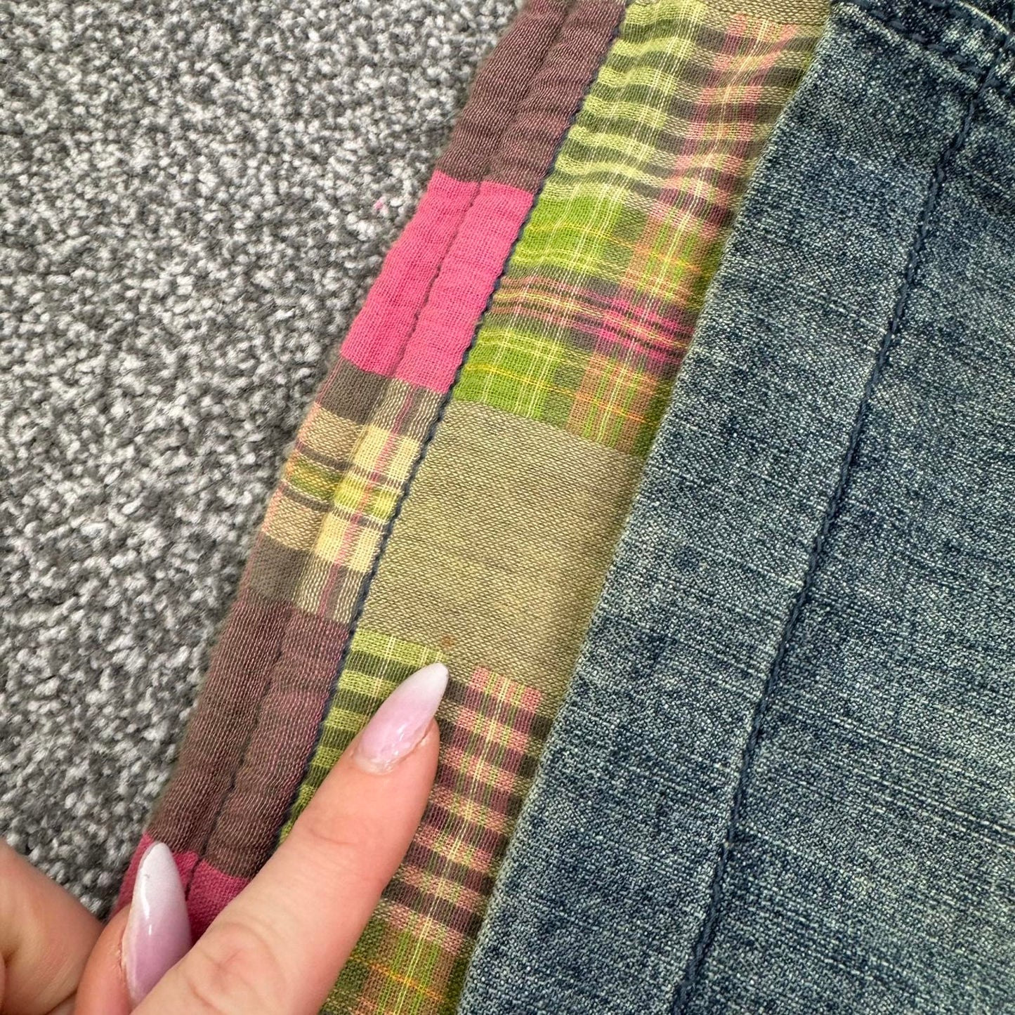 Y2K vintage Animal denim mini skirt mid rise tartan plaid check hem distressed