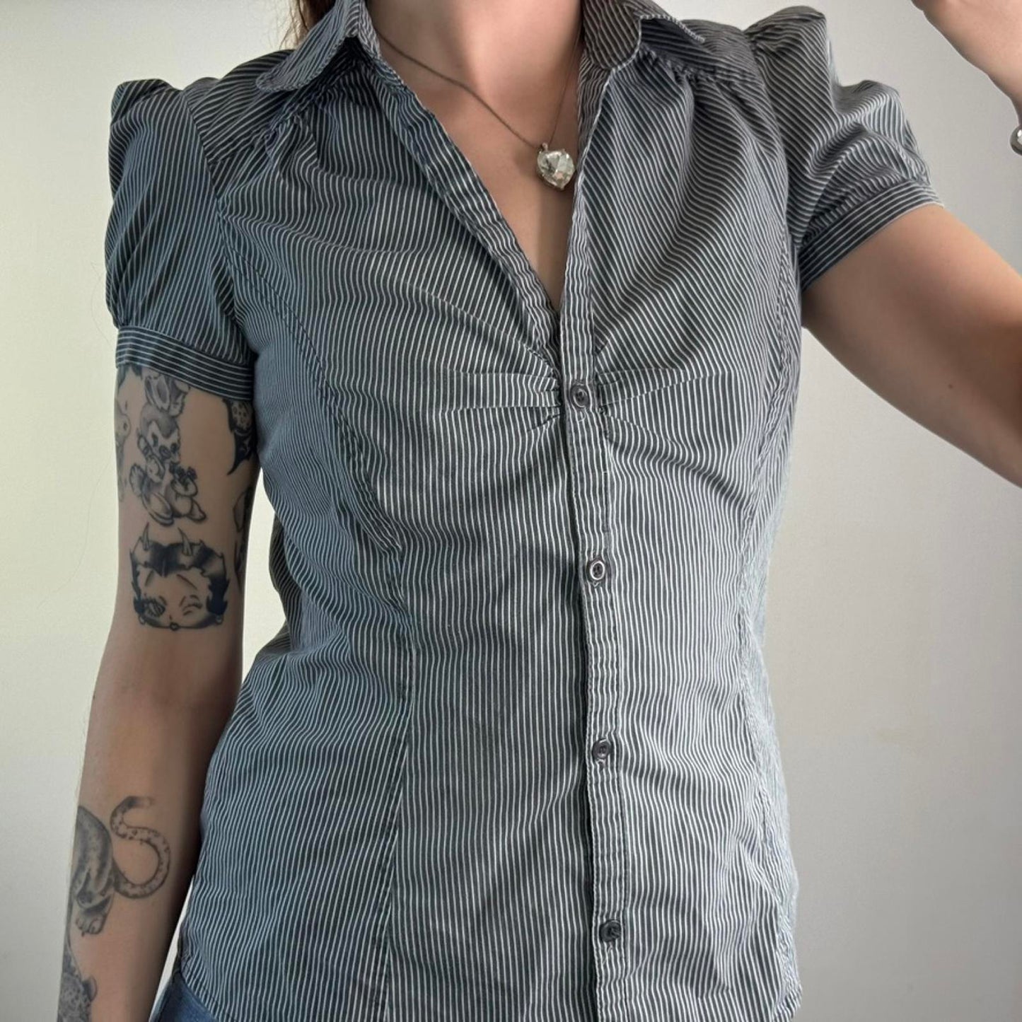 Y2K vintage pinstripe button up short sleeve blouse v neck ruched shirt