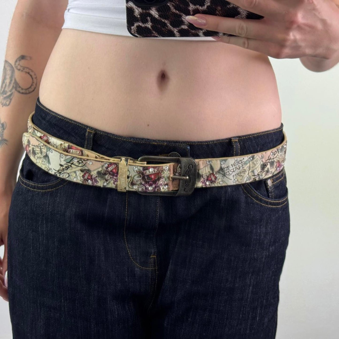 Y2K vintage Ed Hardy faux leather rhinestone belt silver buckle skull heart