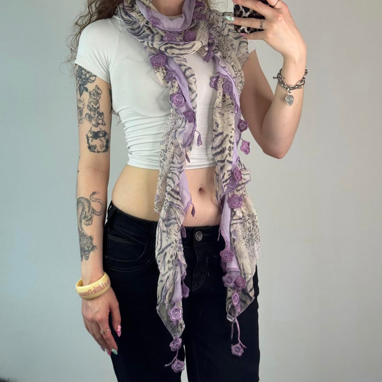 Y2K vintage leopard tiger print flower embroidery scarf lilac cream frilly