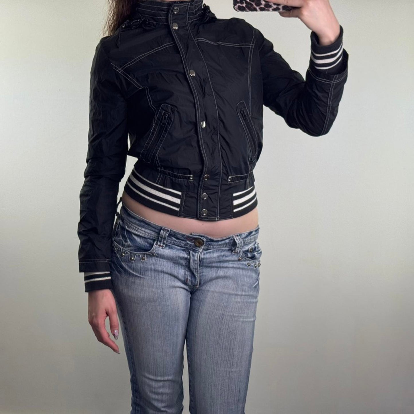 Y2K vintage lightweight zip up jacket slight crop with hood stripe bomber