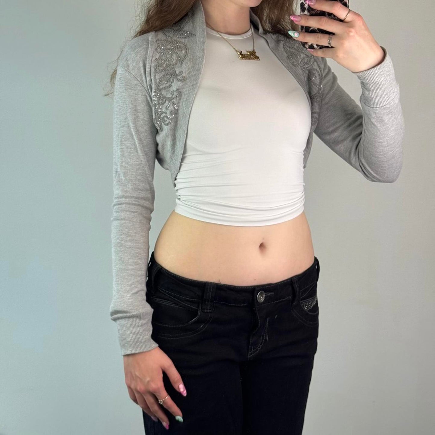 Y2K vintage grey cropped cardigan bolero floral sparkly glitter long sleeve