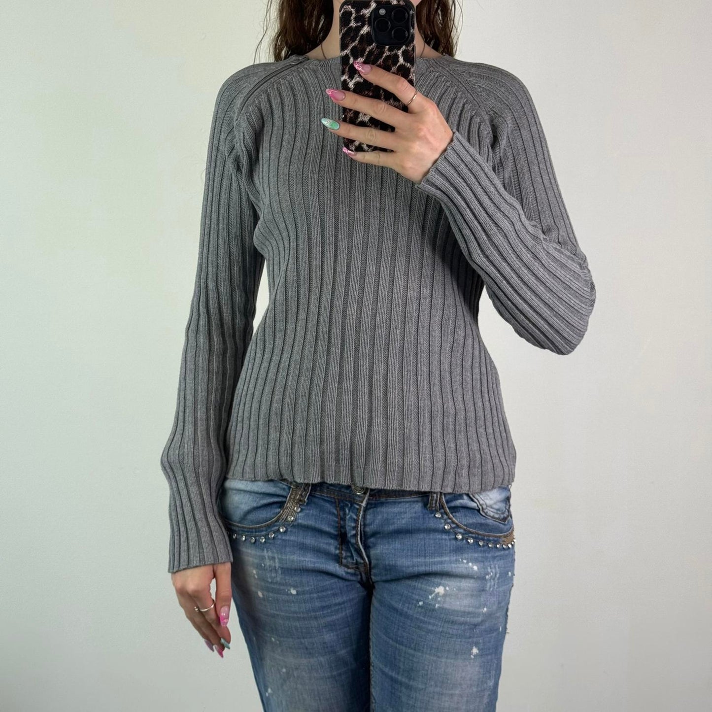 Y2K vintage asymmetrical side zipper ribbed chunky knit jumper high neck