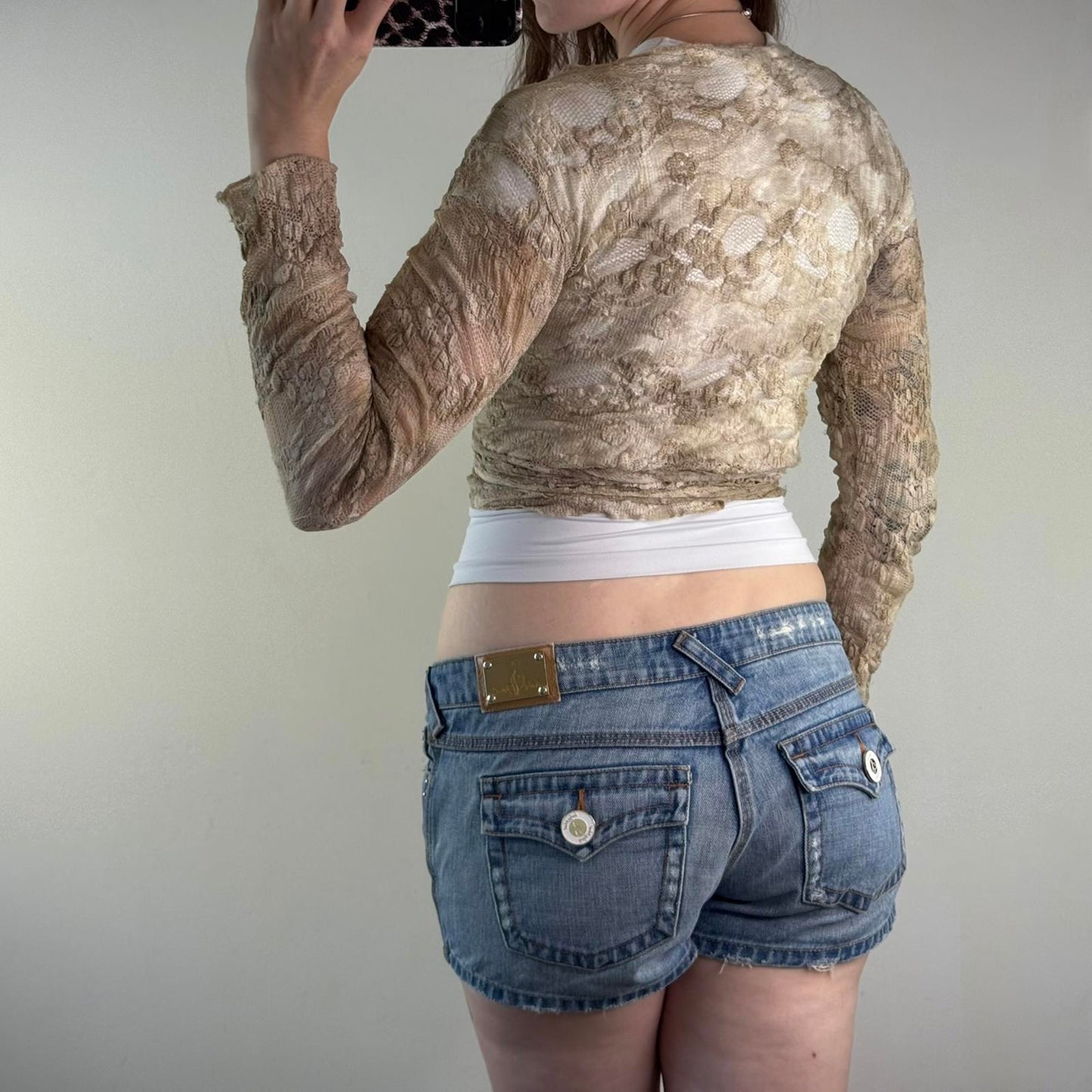 Y2K vintage wrap around cardigan sheer lace beige ombre tie bow adjustable