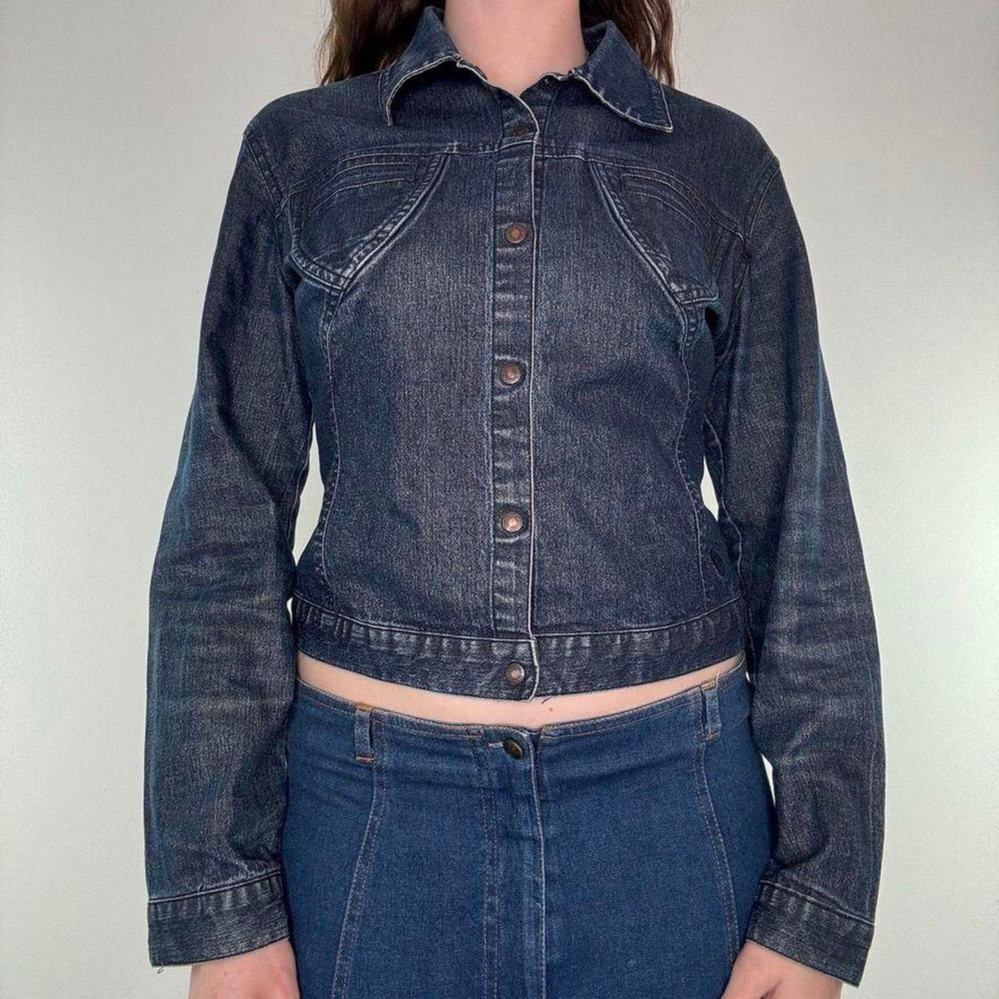 Y2K vintage Chilli Pepper glitter popper button up denim jacket fitted short