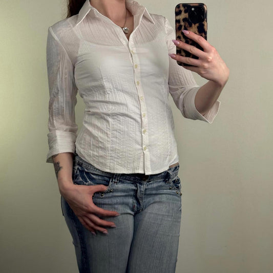 Y2K vintage Bay blouse 3/4 sleeve sheer button up stretchy stripe crinkle shirt