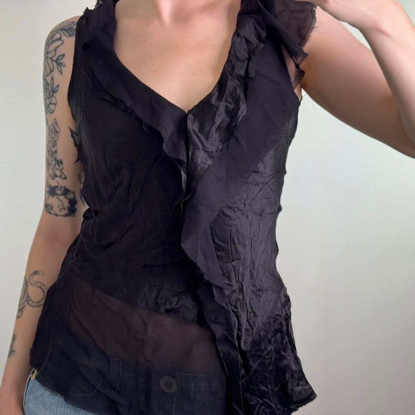 Y2K vintage 100% silk asymmetrical blouse top ruffle tiered v neck cap sleeve