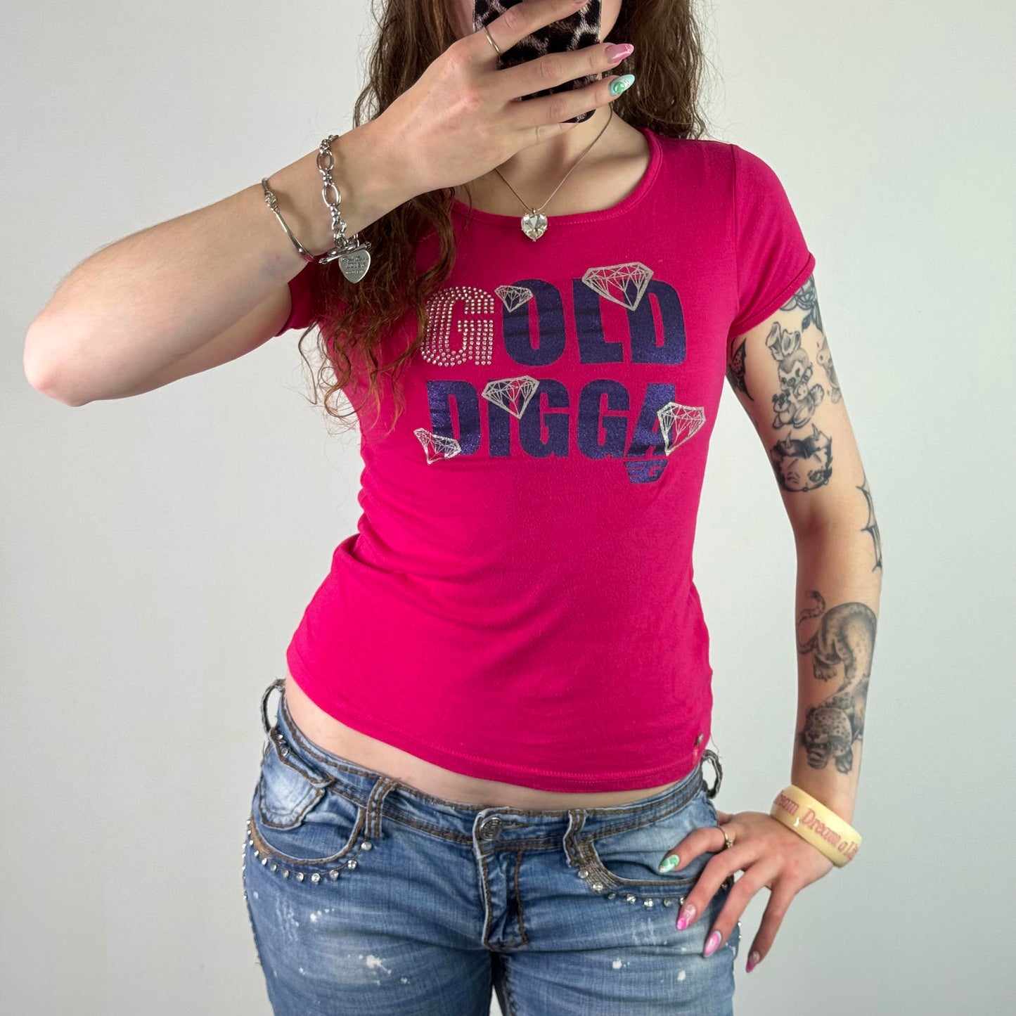 Y2K vintage Golddigga baby tee t shirt short sleeve rhinestone graphic print top