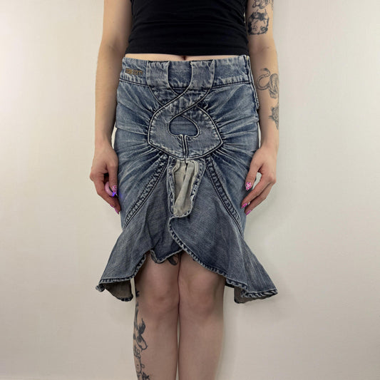 Y2K vintage Miss Sixty faded denim fishtail midi skirt ruffle ruched mid blue
