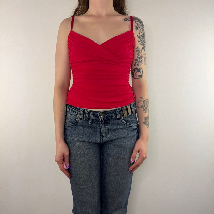Y2K vintage red mesh ruched cami top