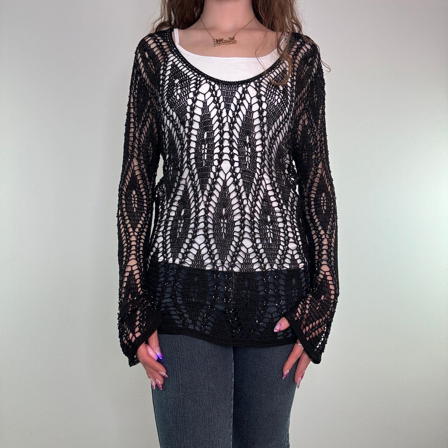 Y2K crochet flared long sleeve top