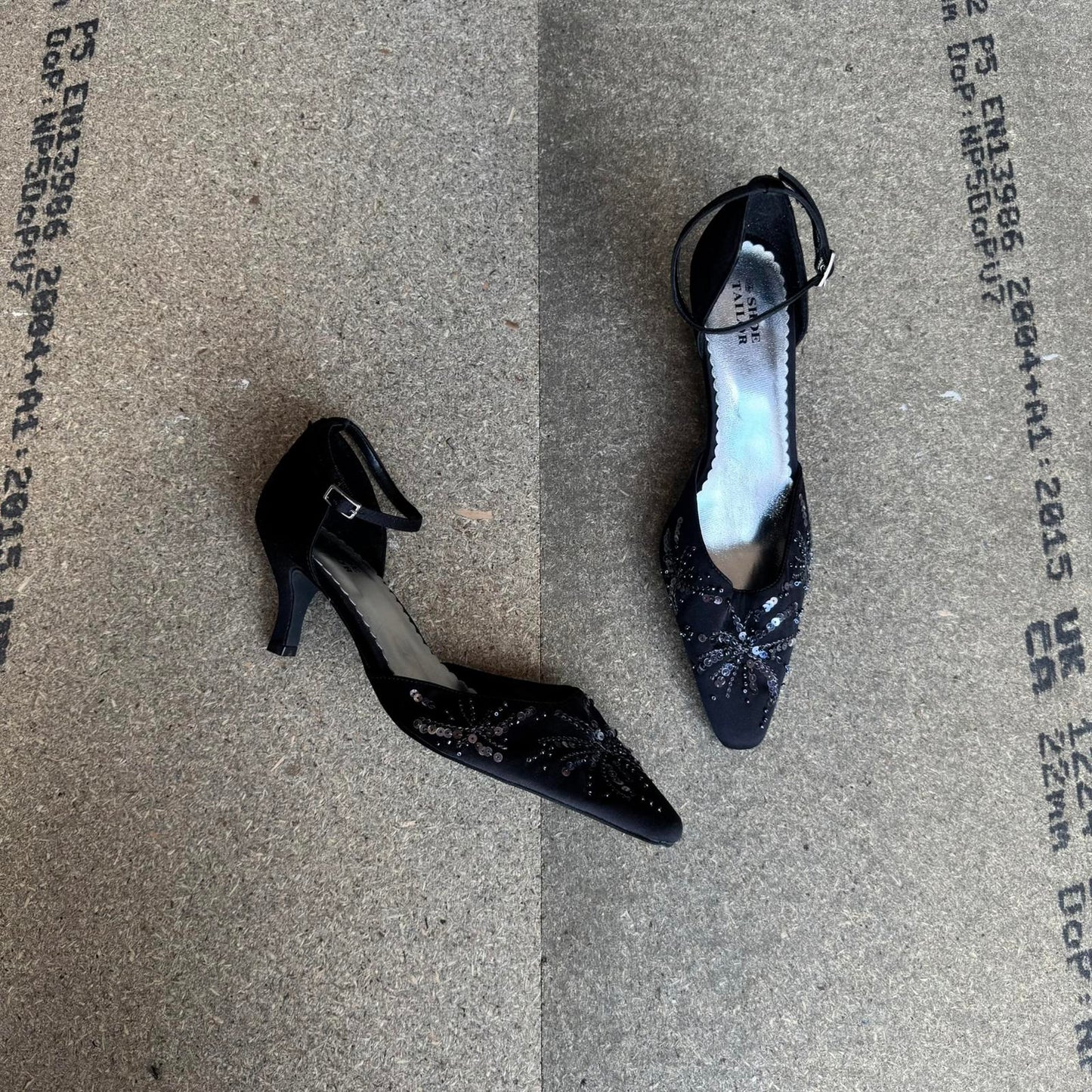 Y2K vintage kitten heel beaded embellished sequin ankle strap pointed toe satin