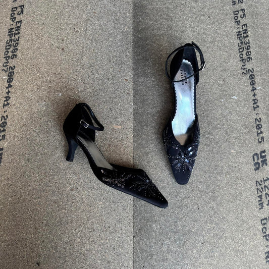 Y2K vintage kitten heel beaded embellished sequin ankle strap pointed toe satin