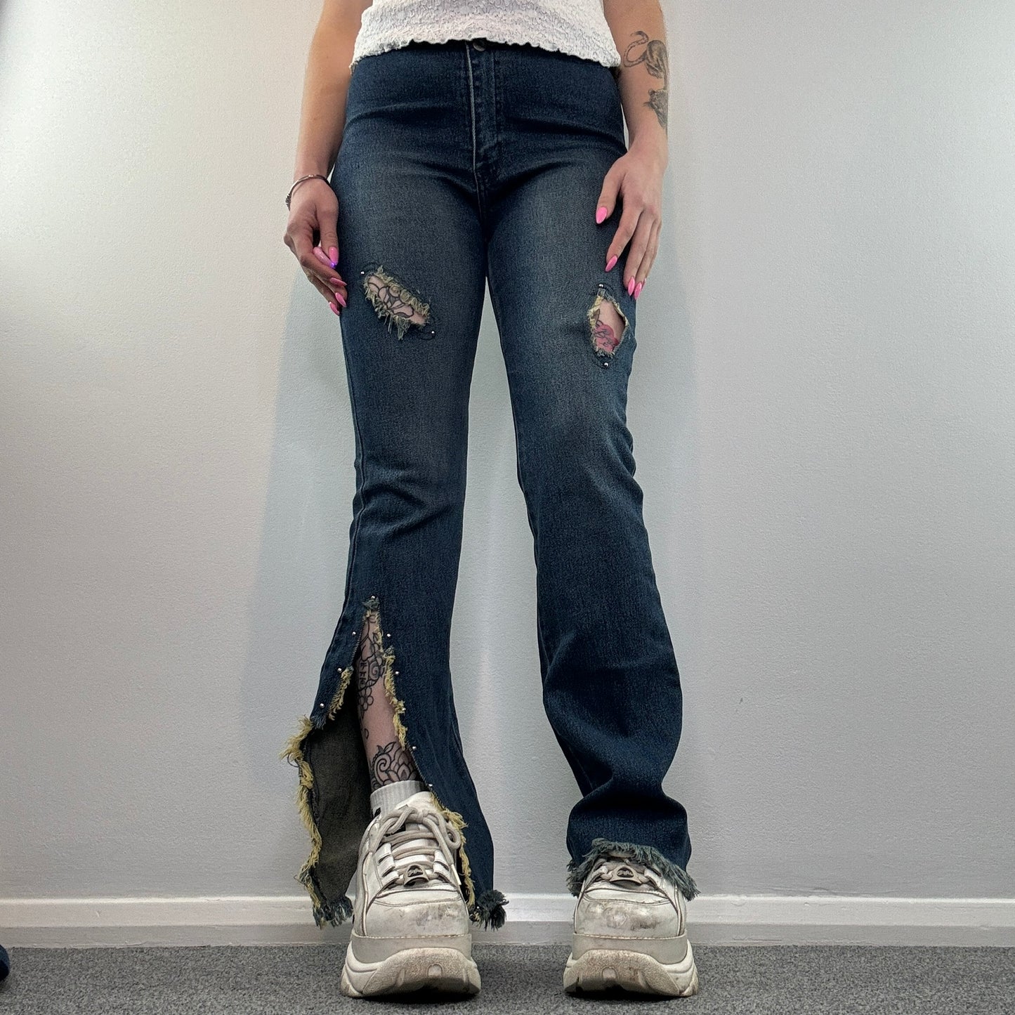 90s Y2K studded fraying flared jeans