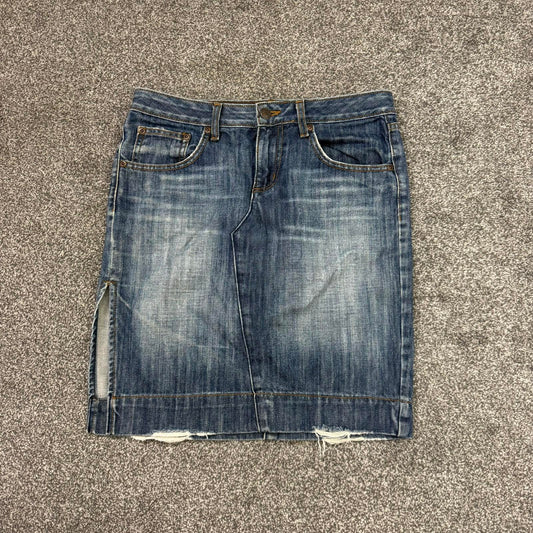 Y2K vintage denim midi skirt above knee length faded blue wash thigh slit