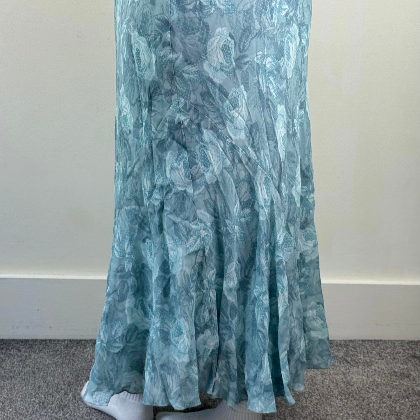 Y2K vintage floral rose maxi skirt a line stretch waist light blue feminine