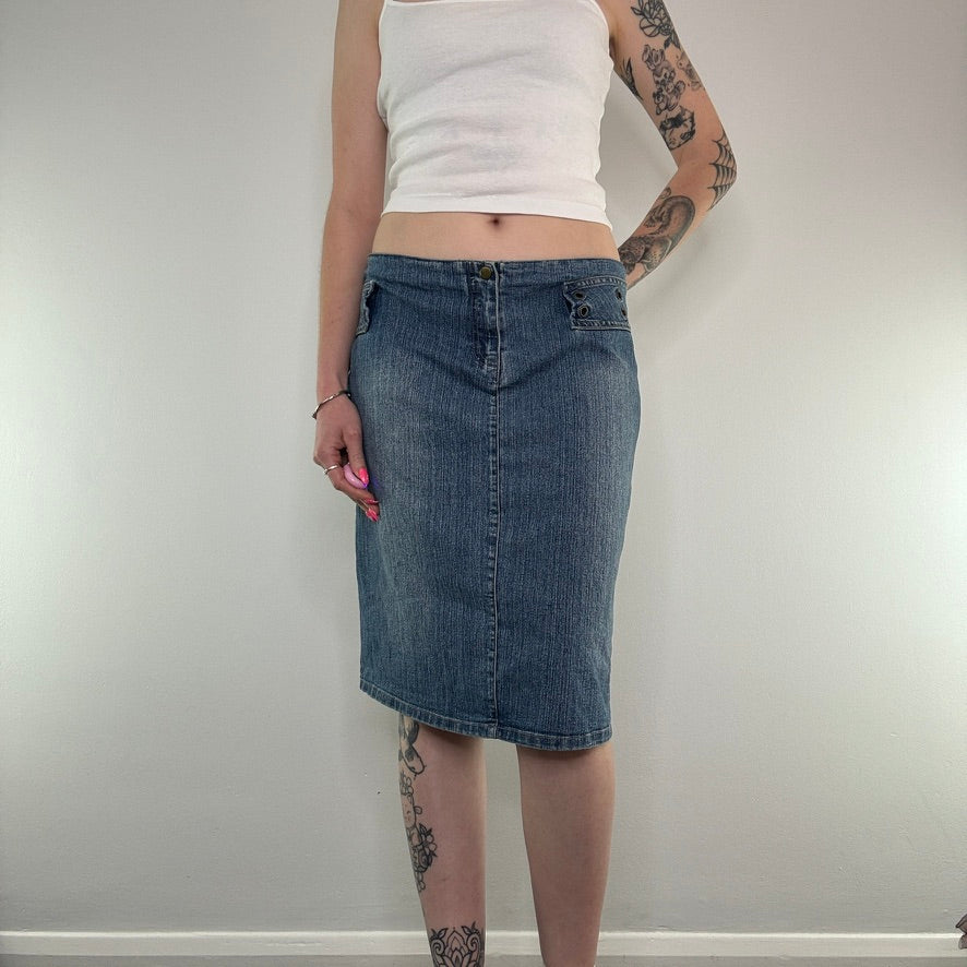 Y2K Bay grommet denim midi skirt