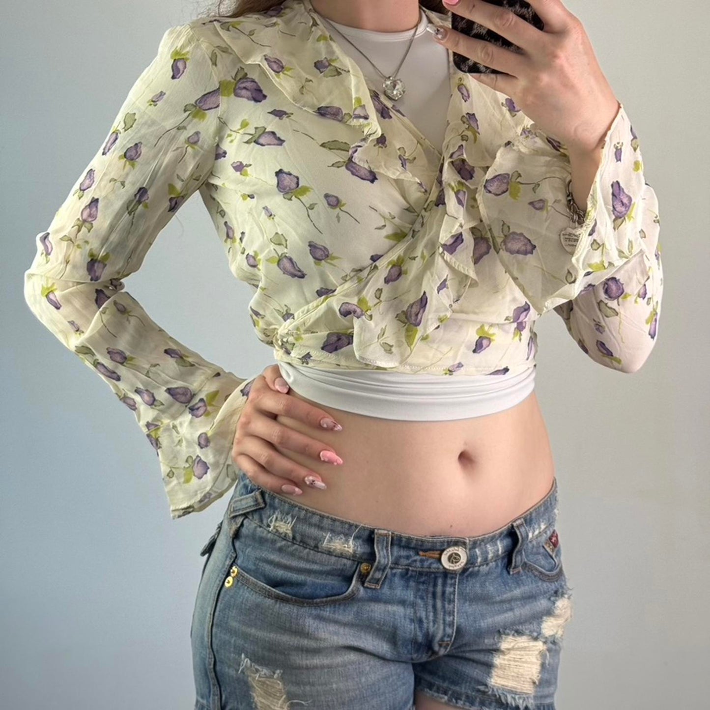 Y2K vintage Oasis floral cropped frilly cardigan tie back bow frill wraparound