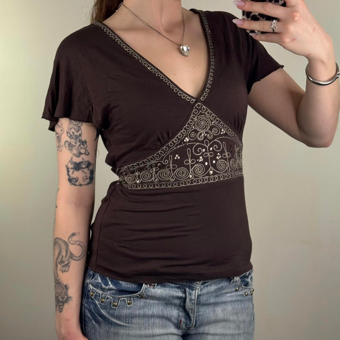 Y2K vintage boho tie back top short sleeve v neck embroidered sequin bow stretch