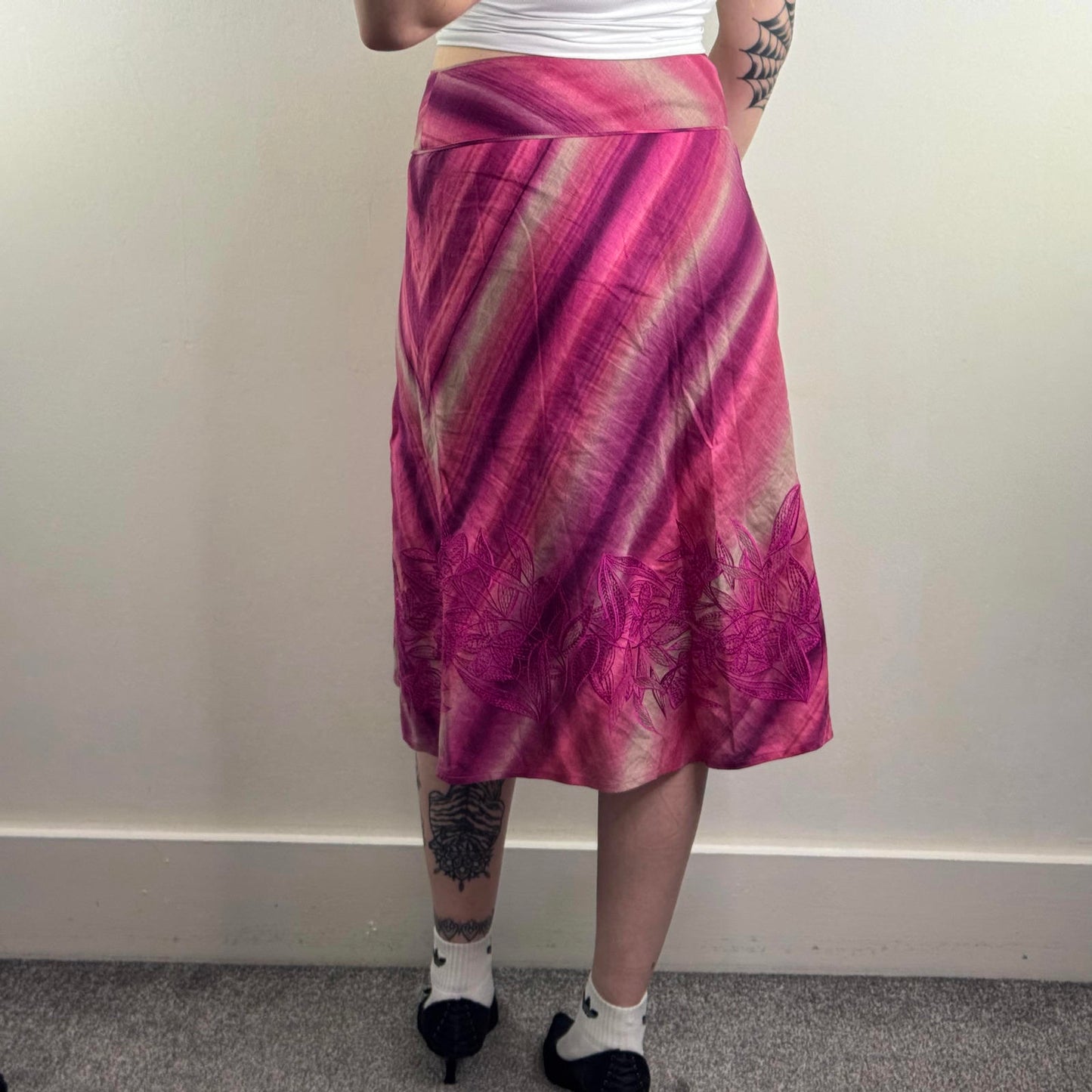 Y2K vintage 100% linen stripe midi skirt a line knee length floral embroidered