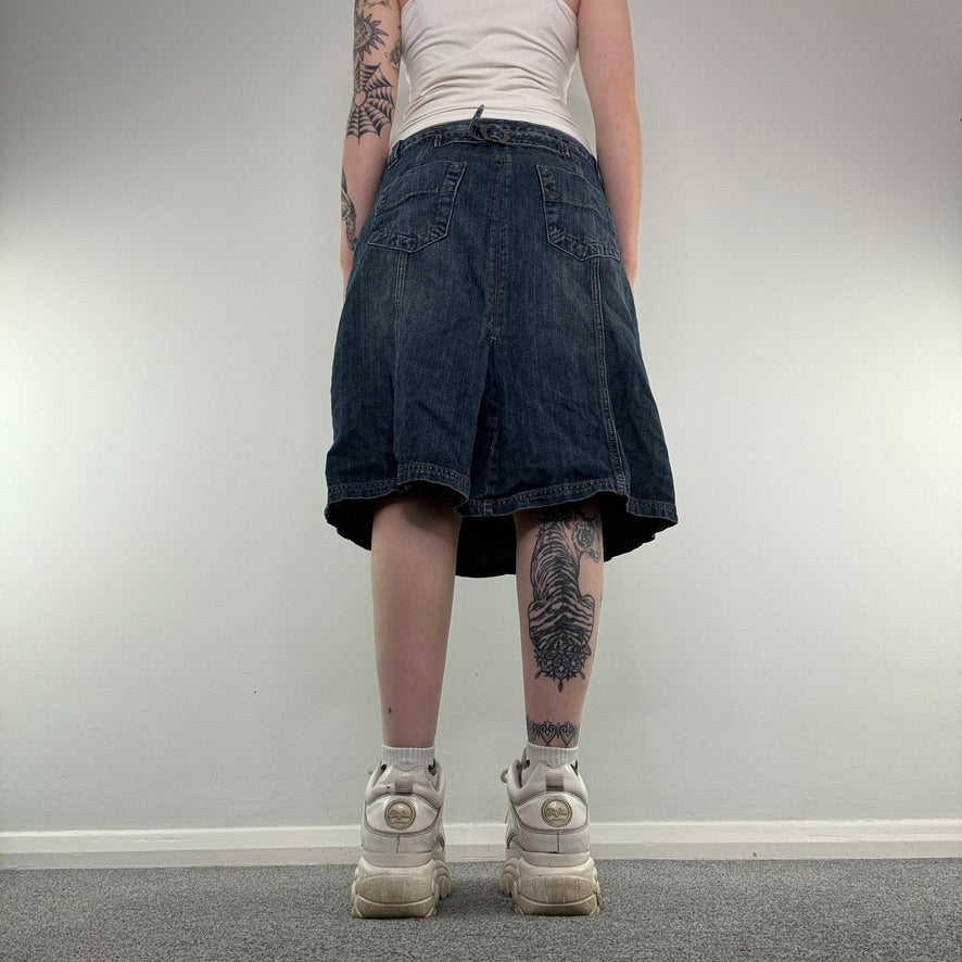 Y2K cargo buckle denim midi skirt