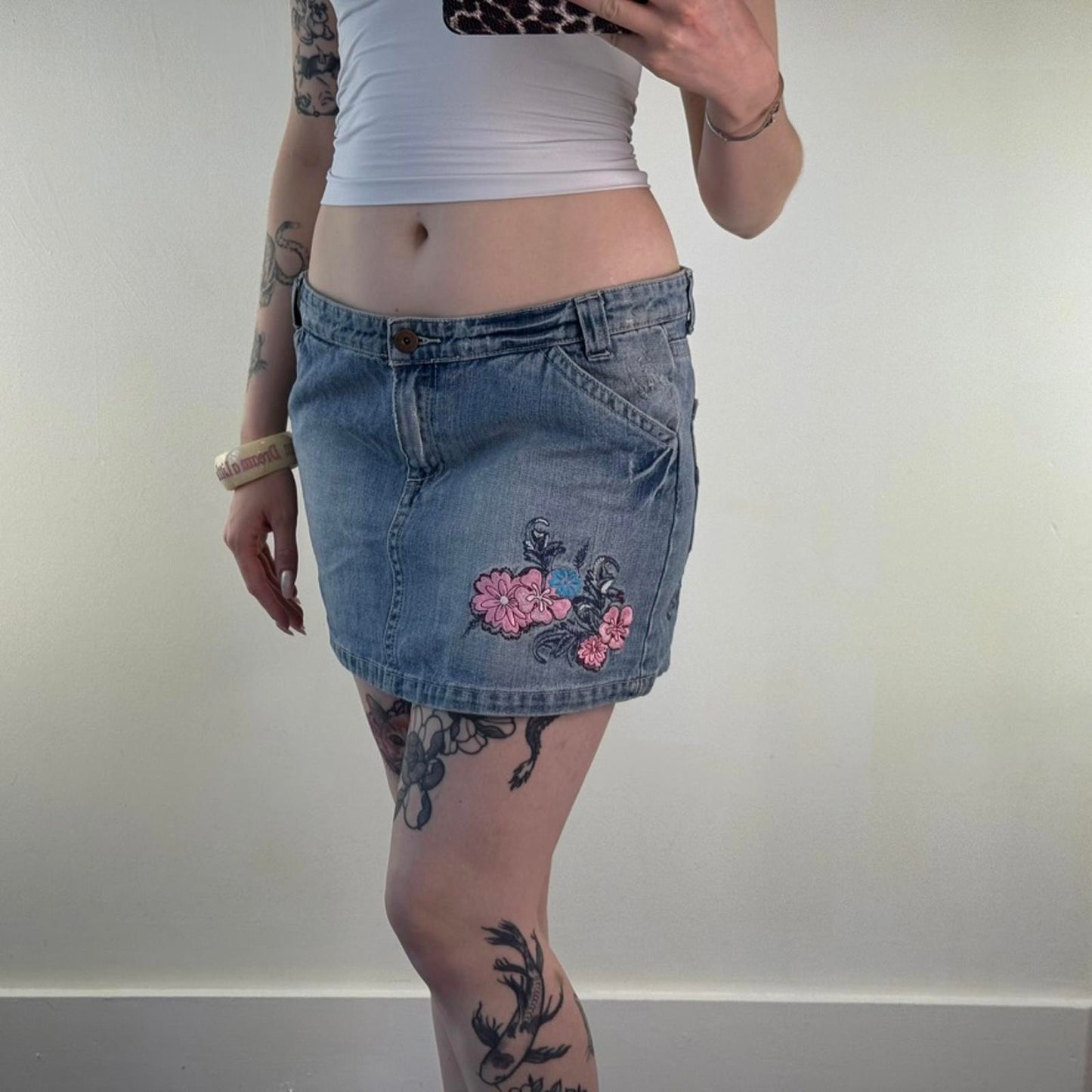 Y2K vintage mid rise faded denim mini skirt floral embroidery pink light blue