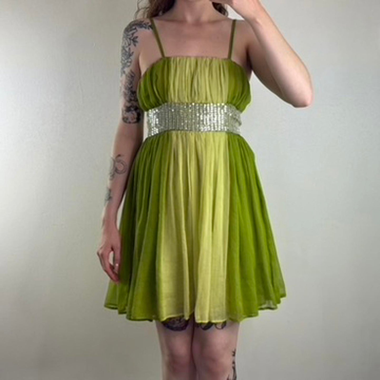 Y2K vintage green ombre sequin mini dress floaty a line ruched strappy