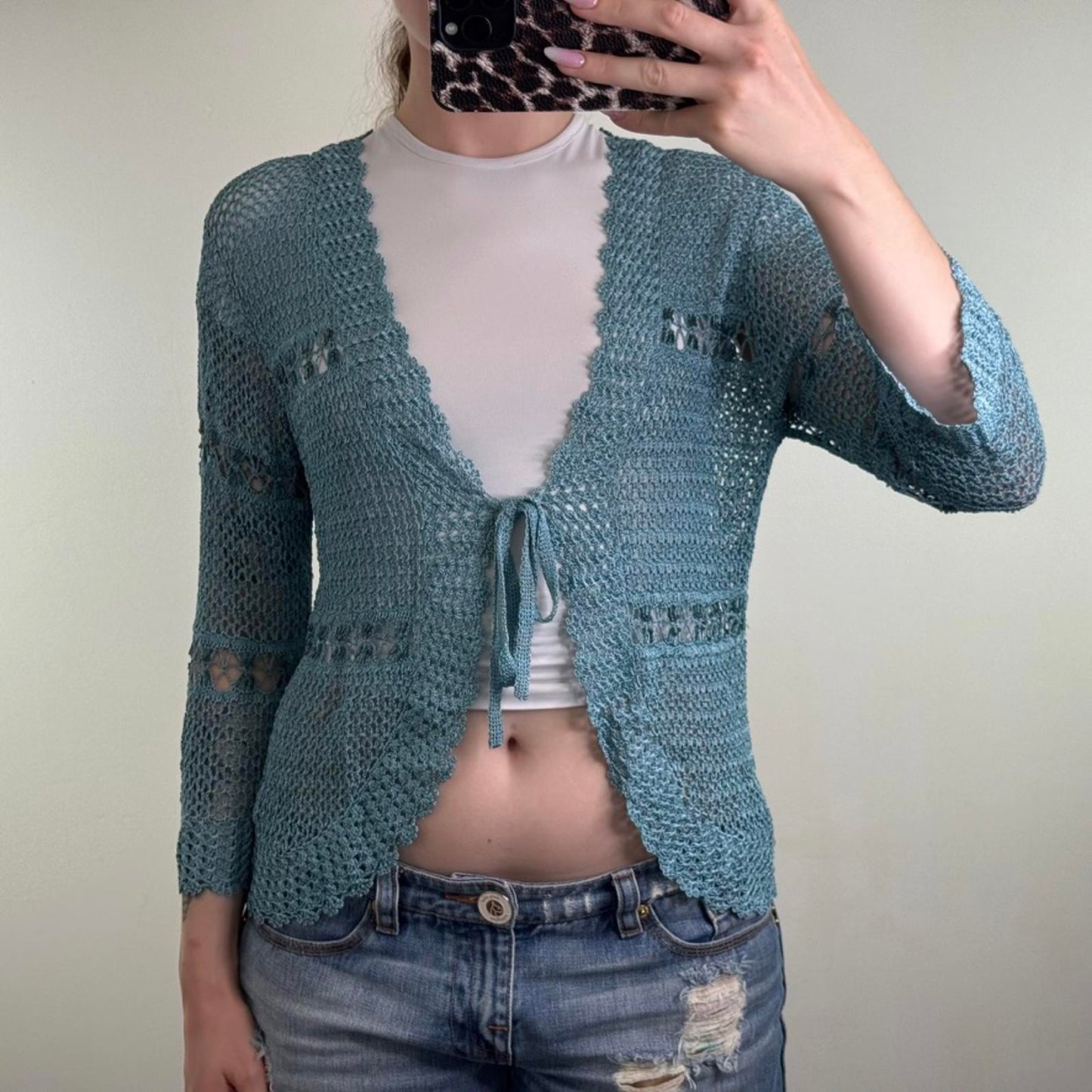 Y2K vintage crochet cardigan long sleeve tie bow turquoise scallop hem v neck