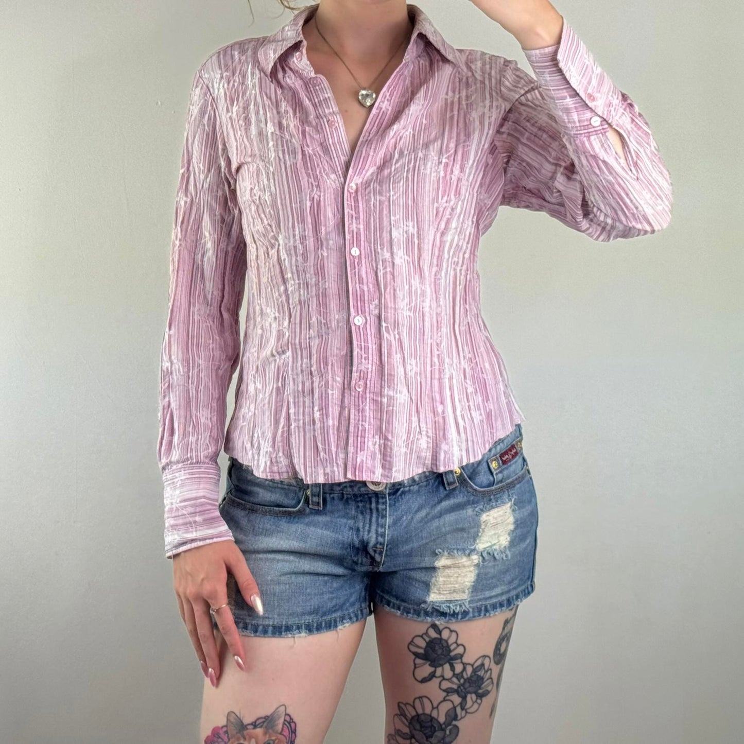 Y2K vintage pinstripe floral button up shirt long sleeve baby pink
