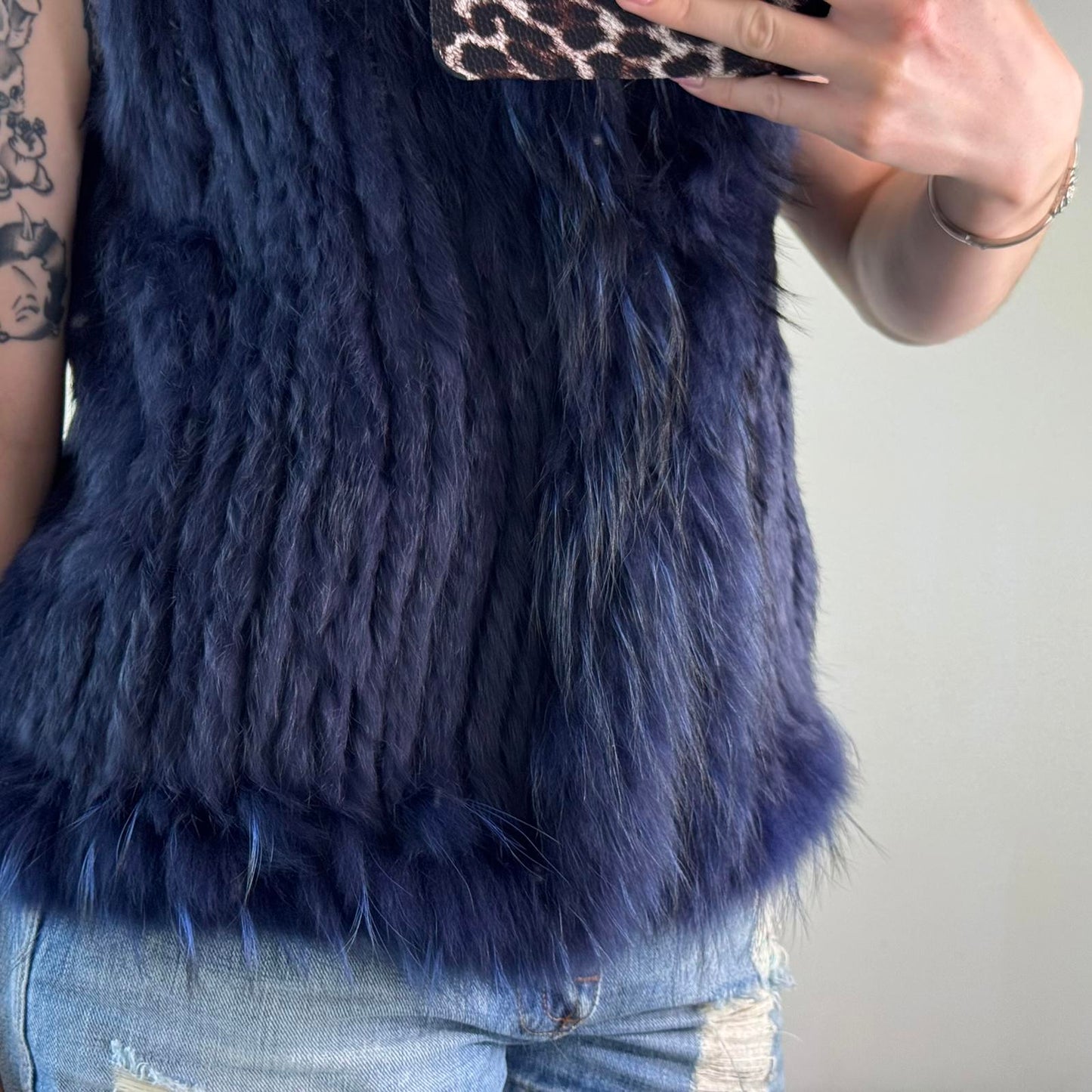 Genuine fur rabbit/ raccoon sleeveless jacket gilet v neck blue