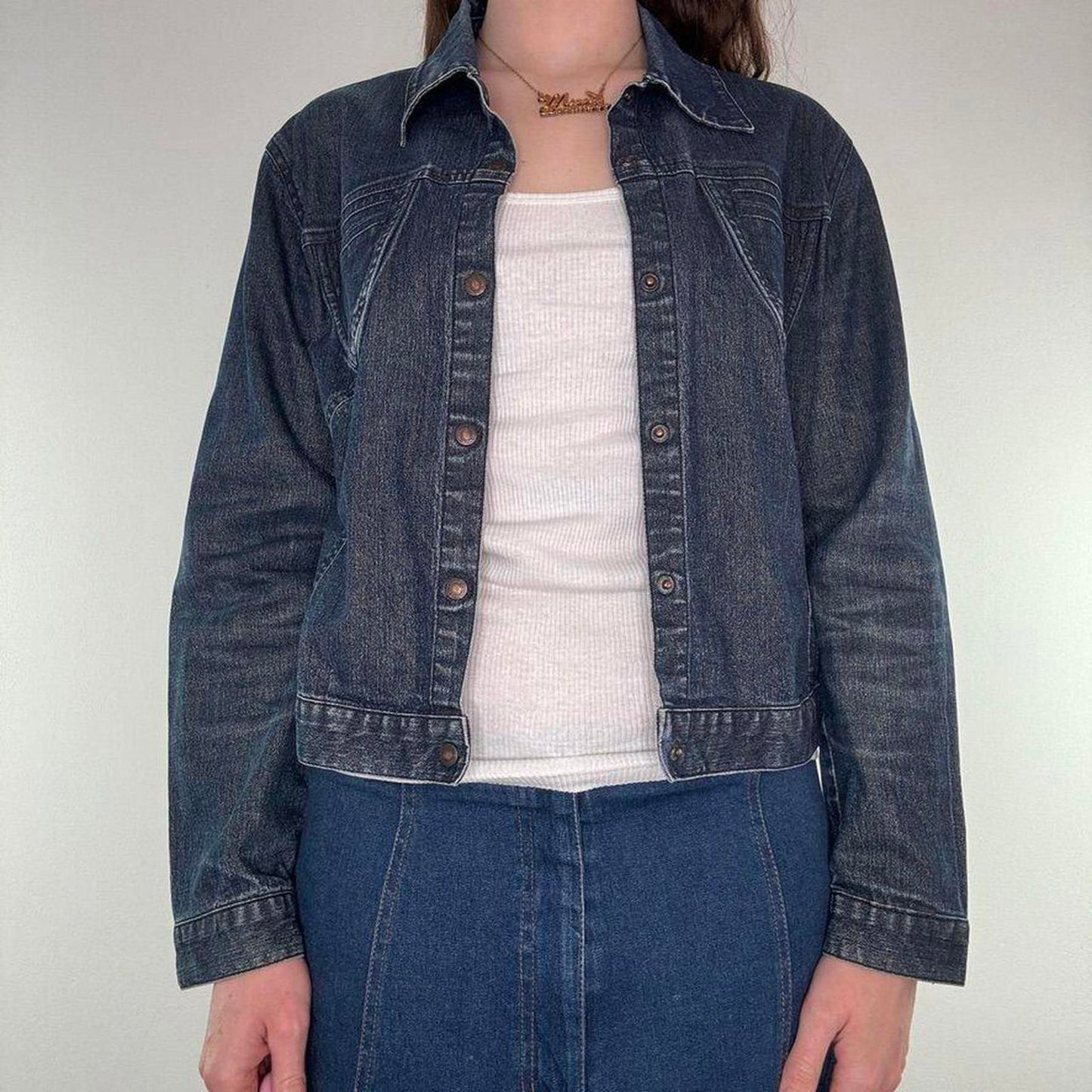 Y2K vintage Chilli Pepper glitter popper button up denim jacket fitted short