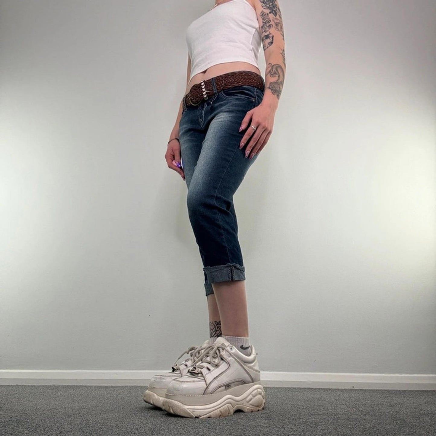 Y2K vintage mid rise stretch denim capri jeans with woven belt cropped faded
