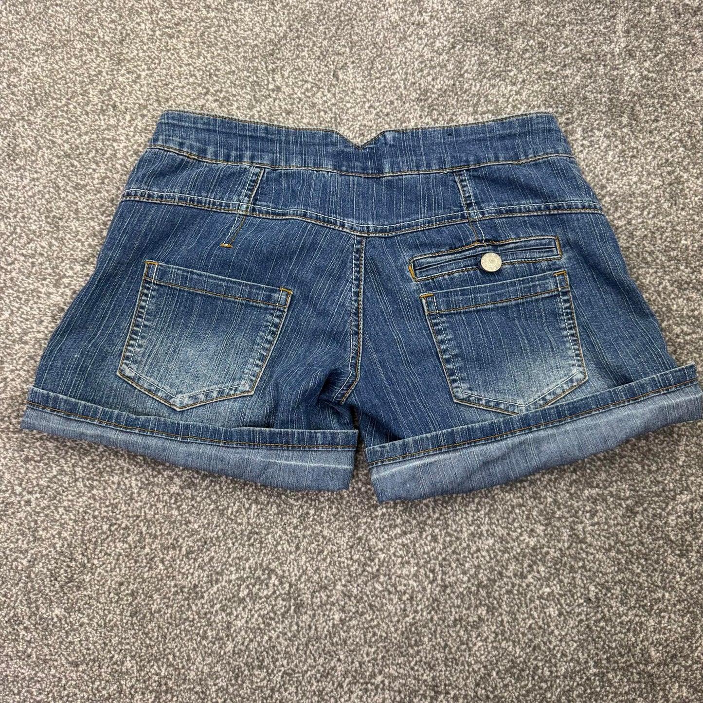 Y2K vintage low rise stretchy denim mini shorts faded blue wash studded cargo