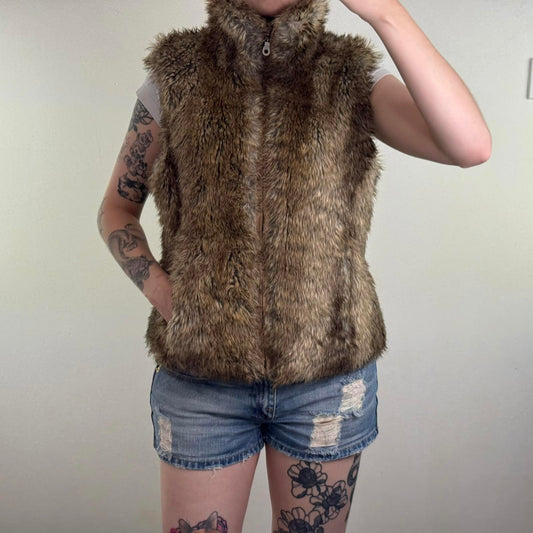 Y2K vintage Topshop faux fur sleeveless gilet body warmer high neck brown