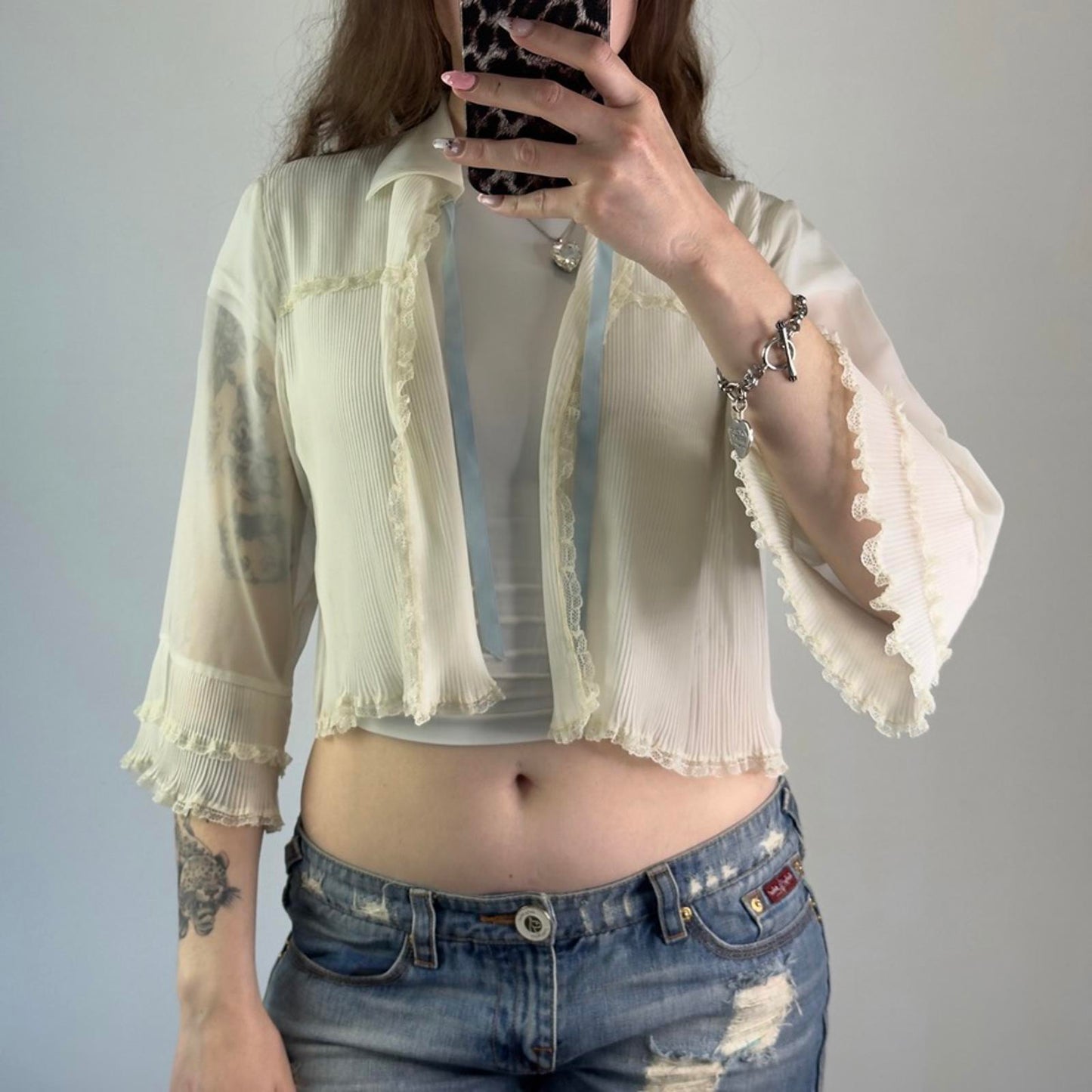 Y2K vintage lingerie bed night cardigan sheer frilly bow flare sleeve coquette