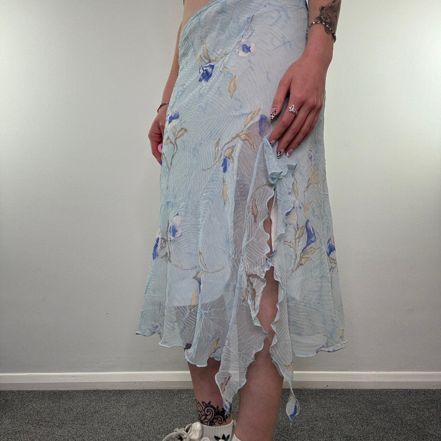 Y2K fairy floral ruffle crease floaty maxi skirt