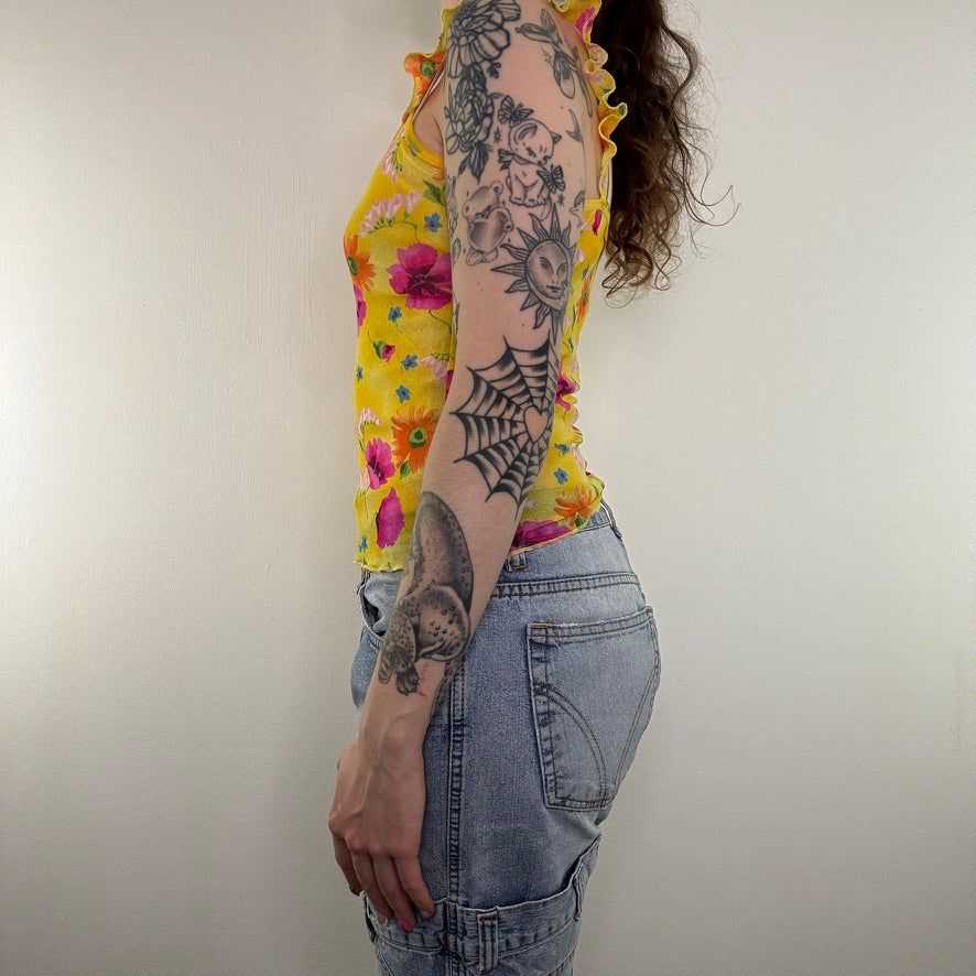 Y2K vintage mesh floral cami top frill lettuce hem