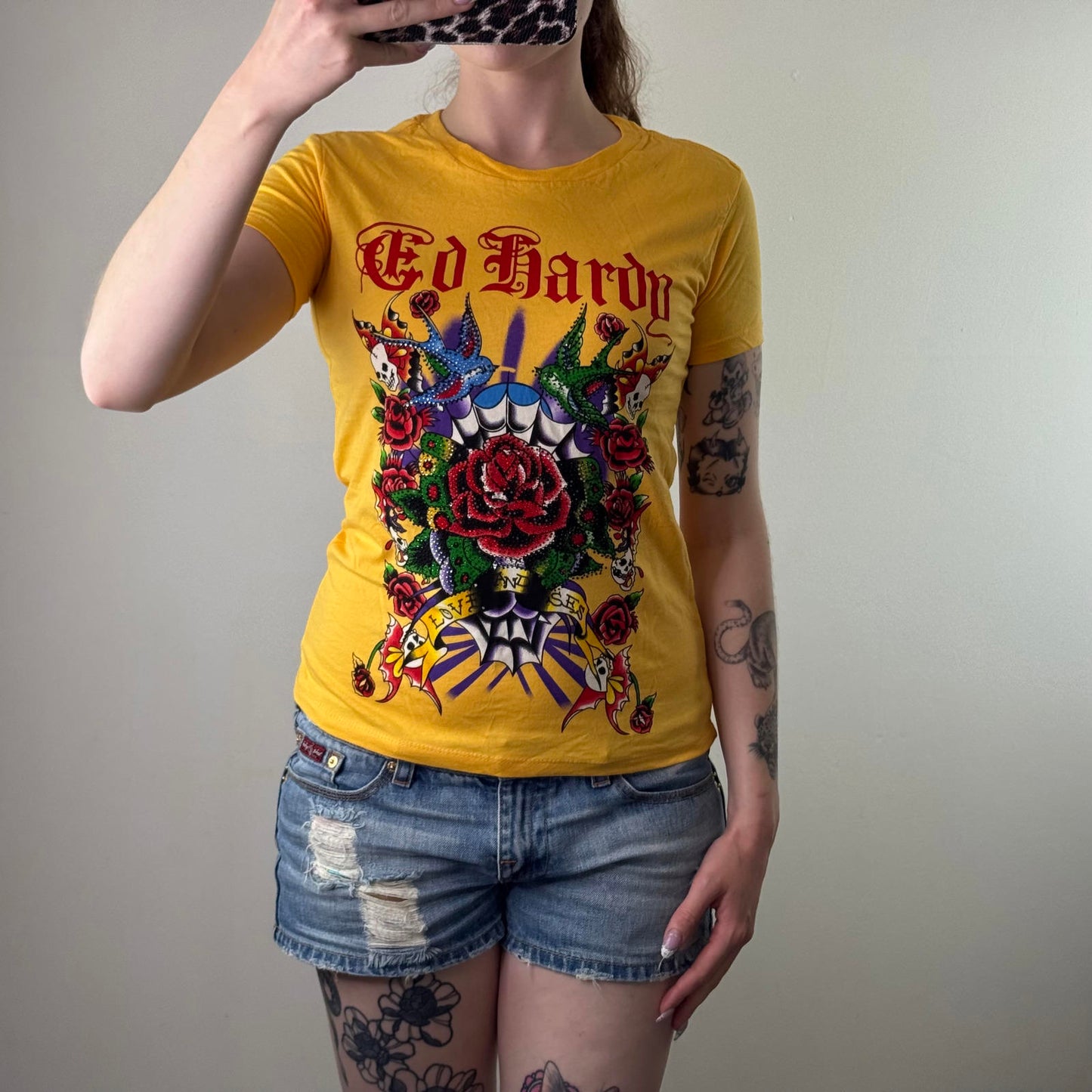 Y2K vintage Ed Hardy rhinestone short sleeve t shirt top yellow red rose graphic