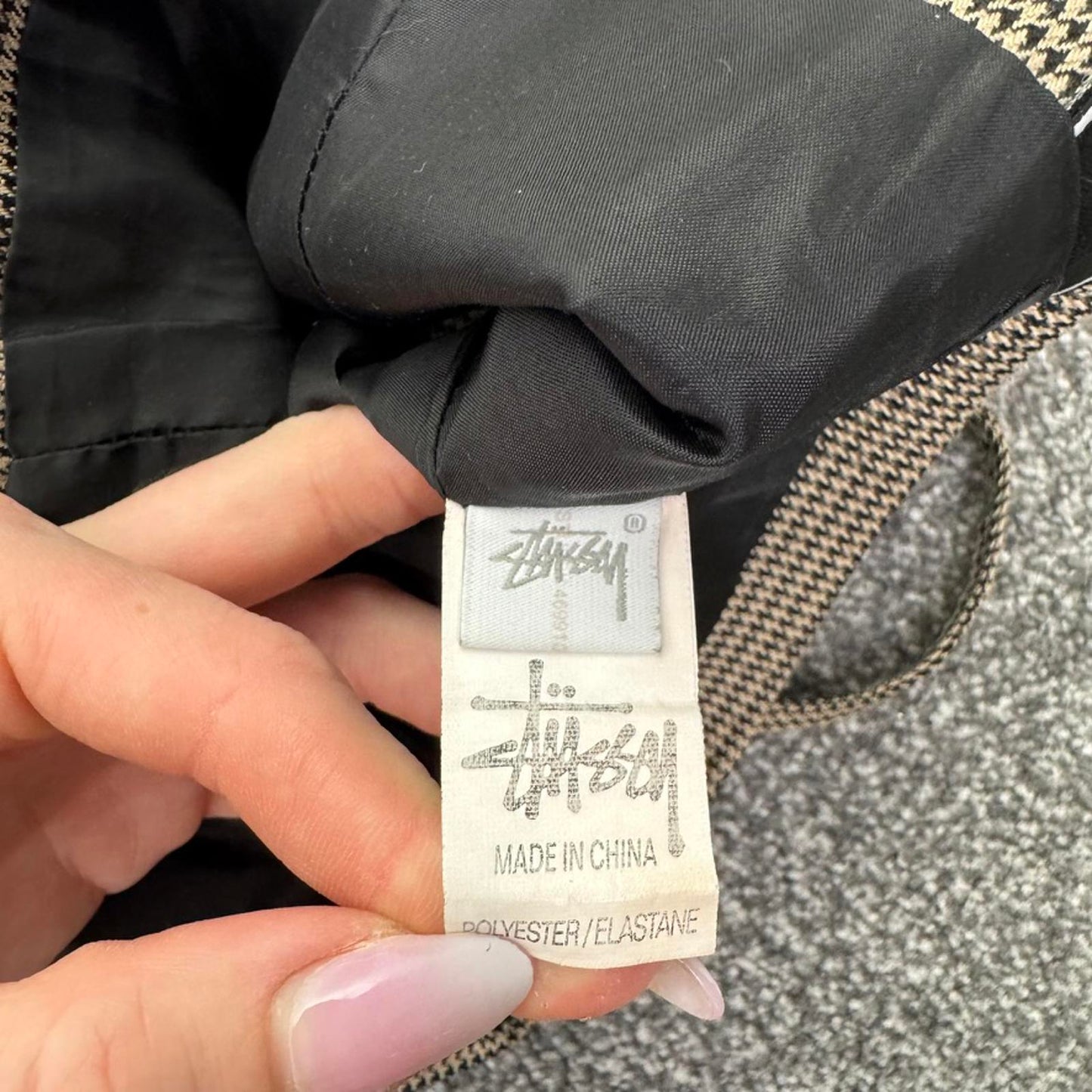 Stussy houndstooth crop top strappy spaghetti straps logo o ring zip up