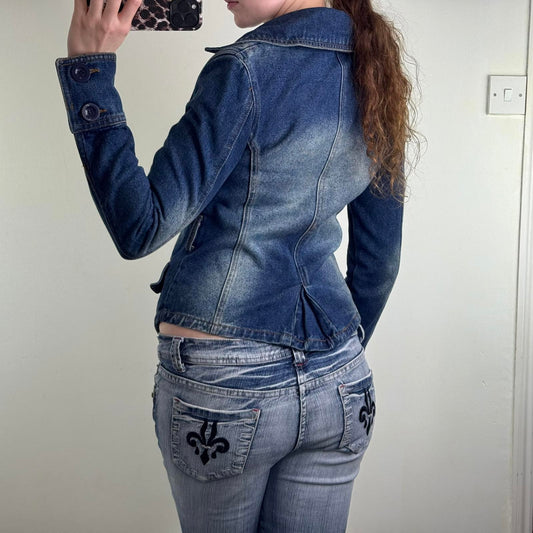 Y2K vintage faded denim double breasted jacket blazer button up military utility