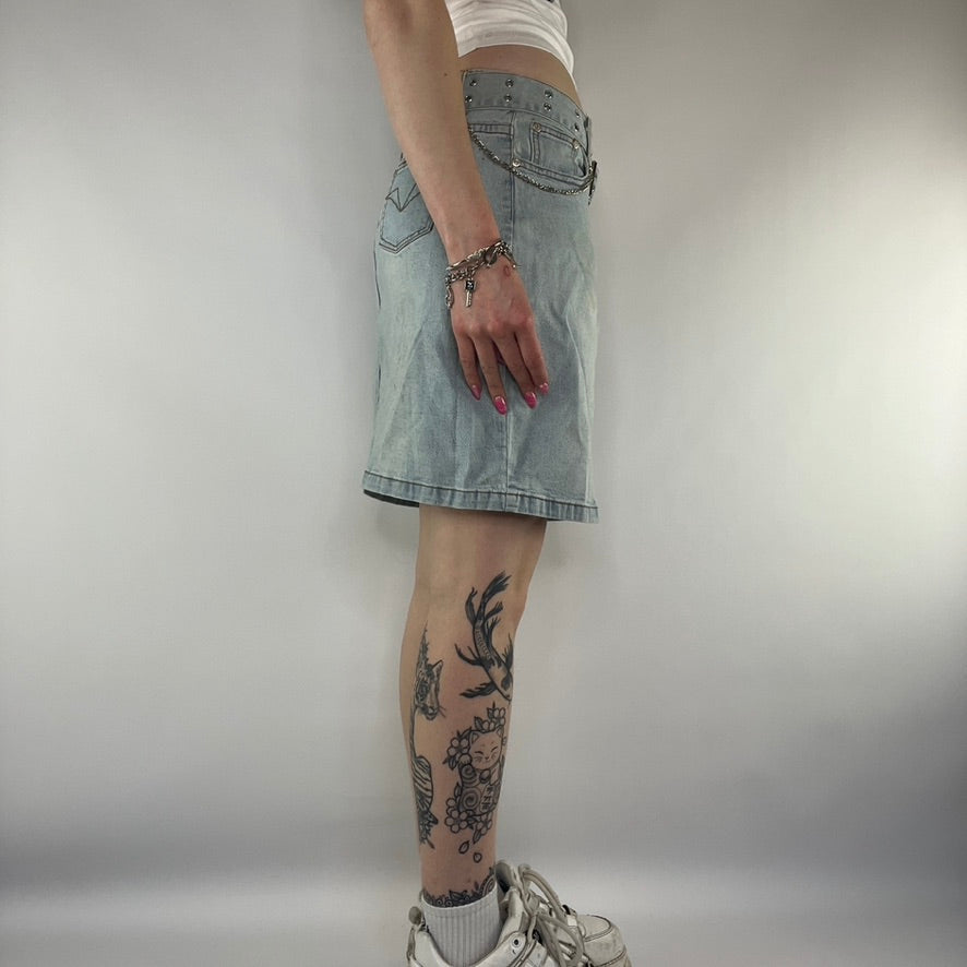 Y2K denim midi skirt with chain grommet belt