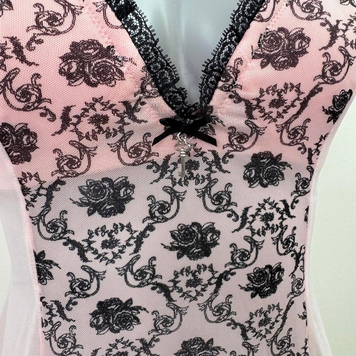Y2K vintage Ann Summers mesh babydoll filigree baby pink black with suspenders