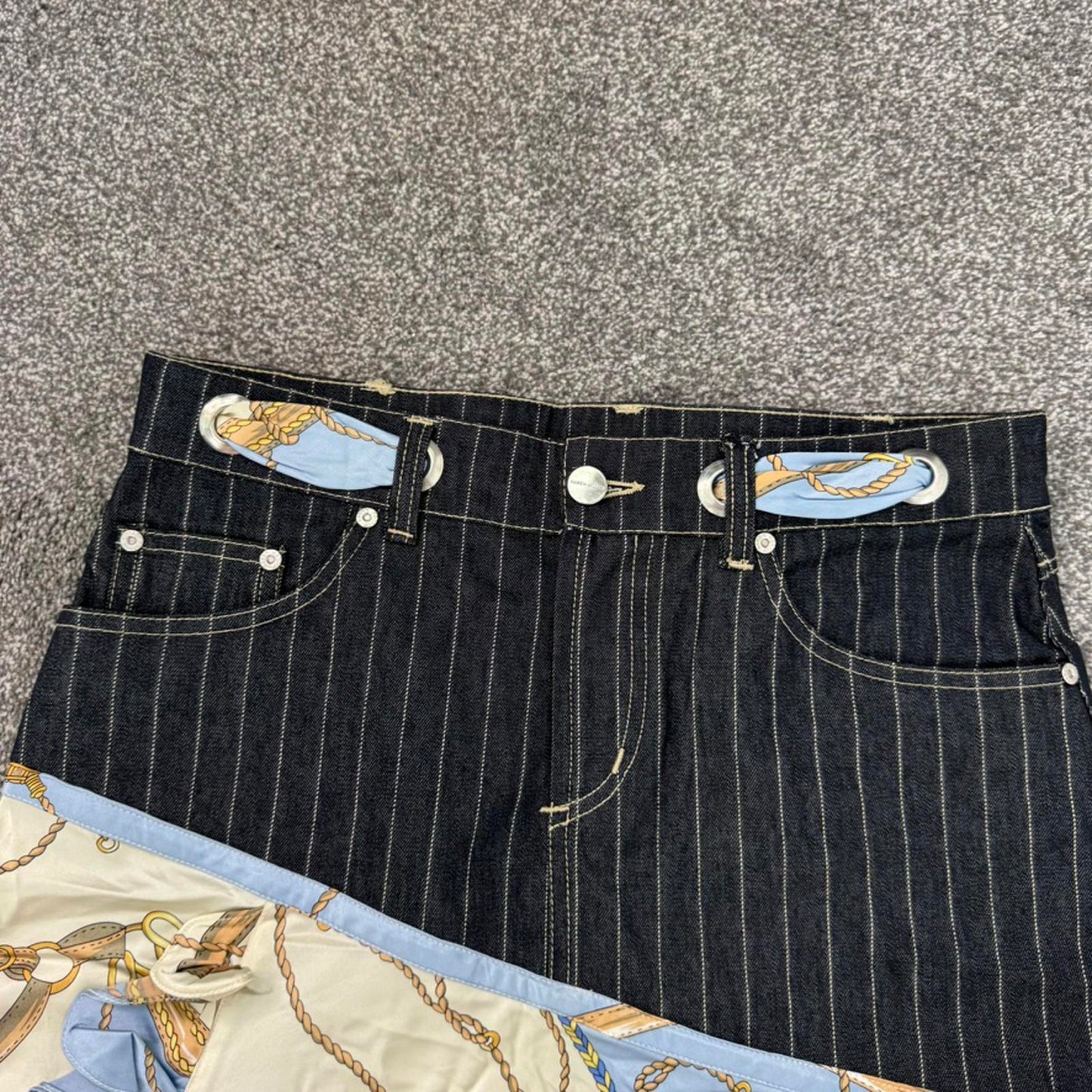 Y2K vintage Karen Millen denim pinstripe silk midi skirt asymmetrical ruffle