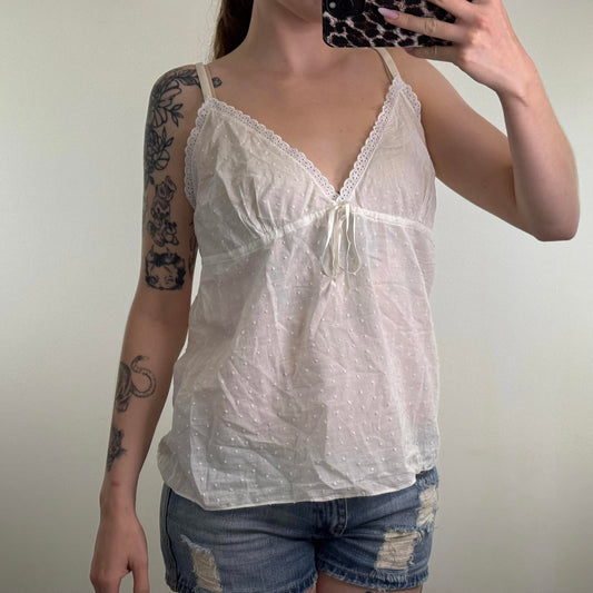 Y2K vintage broderie anglaise cami top cotton bow sheer polka dot v neck